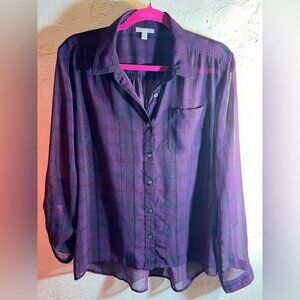 Halogen Purple Plaid Blouse sheer button front loose fit night out flowy M